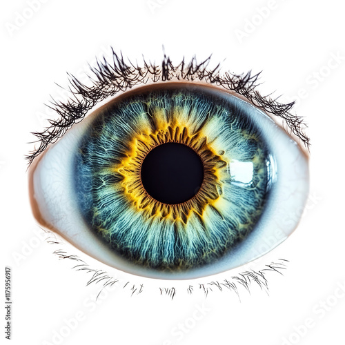 Detailed close up of a human eye with vibrant colors and an isolated pupil on a transparent background, eye pupil isolated transparent background photo