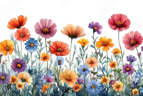watercolor illustration of a wildflower border, showcasing a variety of blooming flowers in soft pastel tones, perfect for adding a natural touch to designs