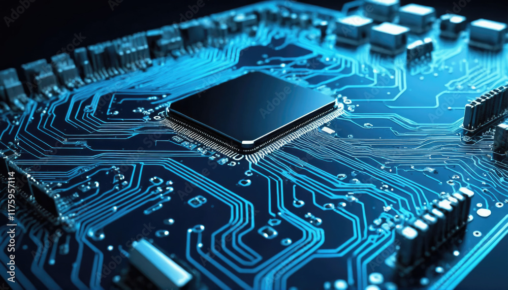 Close-up view of a microprocessor on a circuit board with intricate blue circuitry illuminated during low light conditions Close-up view of a microprocessor on a circuit board with intricate blue circuitry illuminated during low light conditions