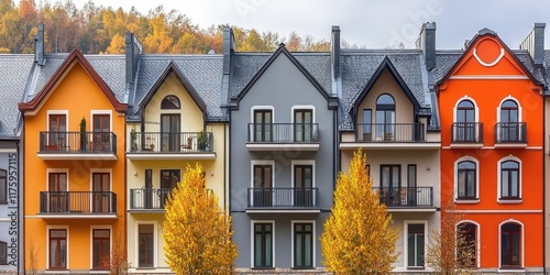 Colorful row houses, European architecture, autumn street scene, vibrant facades, dormer windows, arched doorways, wrought iron balconies, fall foliage trees, cobblestone street, charming neighborhood