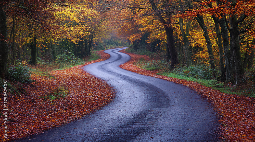Naklejka premium A winding road curves through the forest landscape, surrounded by vibrant autumn foliage, leading to a scenic rural path, perfect for a beautiful countryside journey, surrounded by trees.