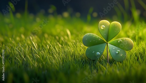 Four-leaf clover emoji with dewdrops  resting on a vibrant grassy meadow photo