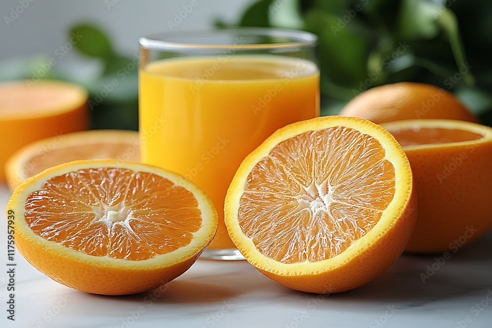 Juicy Orange Halves and a Glass of Fresh Orange Juice Juicy Orange Halves and a Glass of Fresh Orange Juice