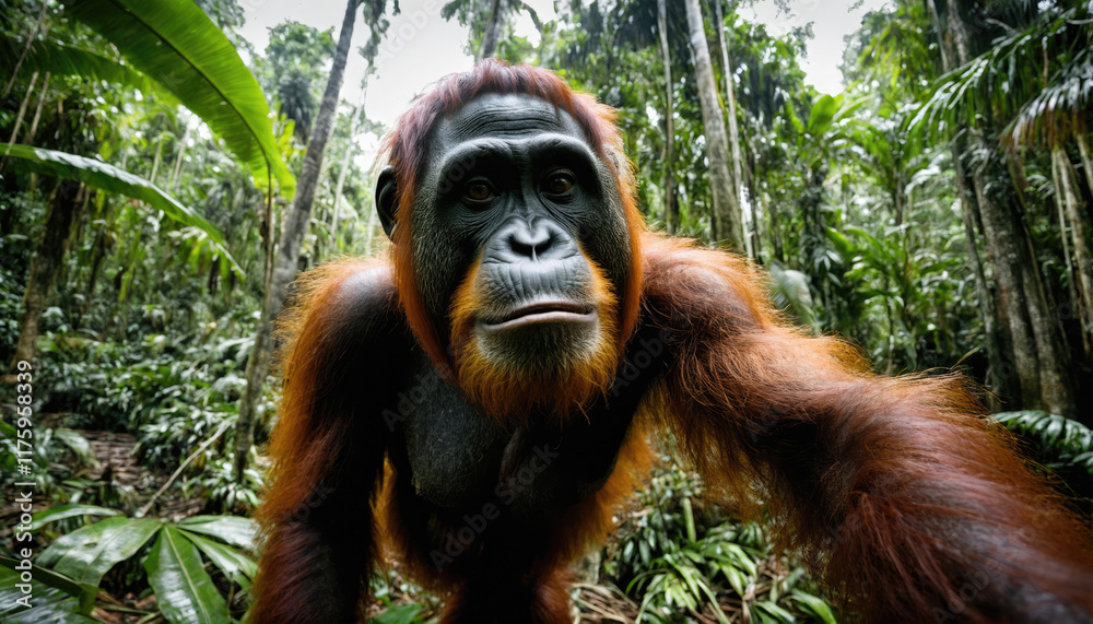 Fototapeta premium Captivating orangutan explores lush tropical rainforest habitat during midday