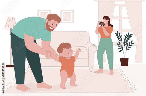 Flat illustration of happy dad helps his son take his first steps holding his hand while mom takes a photo of this exciting moment.