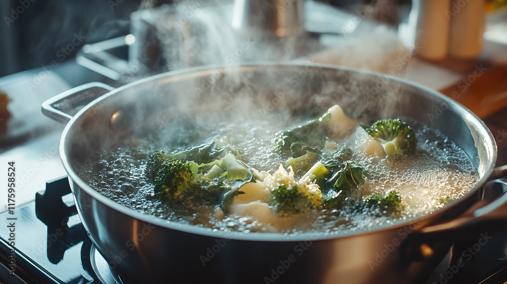 Vegetables in boiled water in pot on stove, fresh ingredients for healthy soup lunch preparation, steaming pan with broccoli and greens for nutritious vegetarian meal, kitchen cooking scene. Vegetables in boiled water in pot on stove, fresh ingredients for healthy soup lunch preparation, steaming pan with broccoli and greens for nutritious vegetarian meal, kitchen cooking scene.