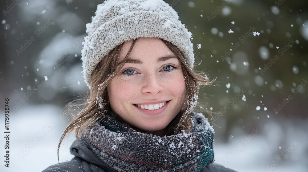 Young woman wearing a warm winter cap and scarf, smiling in the snow, embracing the season beauty in woolen clothes, cheerful and fashionable winter portrait in cold. Young woman wearing a warm winter cap and scarf, smiling in the snow, embracing the season beauty in woolen clothes, cheerful and fashionable winter portrait in cold.