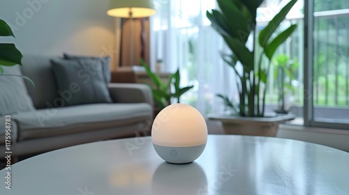 Voice activation is activated at the white table using smart home speakers. Voice control smart speakers, wireless speakers, Generative AI.