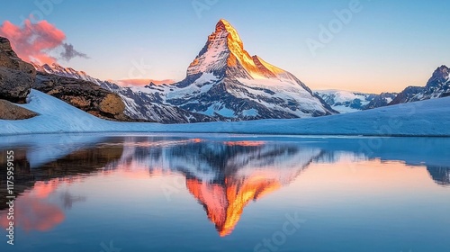 Colorful sunrise over Stellisee lake with Matterhorn peak reflection in Zermatt, Swiss Alps