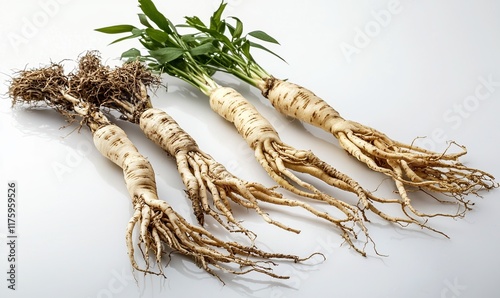 Ginseng energy root displayed with fresh green leaves and intricate roots on a clean white surface photo