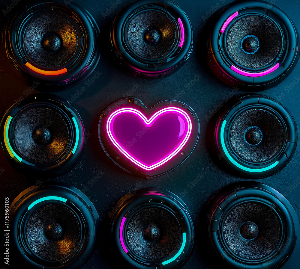 A bunch of speakers with a neon heart in the middle A bunch of speakers with a neon heart in the middle