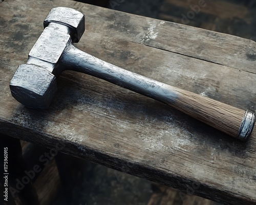 Hammer emoji with detailed metal and wood texture  set on a rough workbench photo