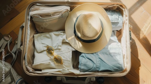 A serene view of a packed suitcase filled with light clothing, sunglasses, and a straw hat resting on a wooden floor, perfect for summer travel adventures photo