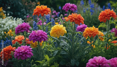Vibrant garden filled with colorful flowers showcasing zinnias and delphiniums in full bloom during late spring