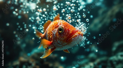 Un magnifique poisson rouge glisse avec élégance dans l’océan, sa nage douce illuminée par les reflets dorés des rayons de soleil perçant l’eau limpide. photo