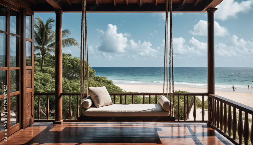 Fototapeta premium Beautiful seaside view from a wooden porch with a relaxing swing and ocean breeze