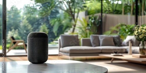 Voice activation is activated at the white table using smart home speakers. Voice control smart speakers, wireless speakers, Generative AI.