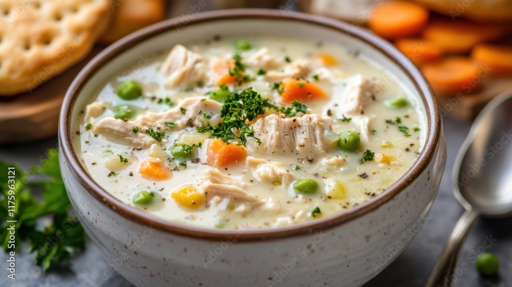 Creamy chicken vegetable soup in a rustic bowl with crackers and carrots Creamy chicken vegetable soup in a rustic bowl with crackers and carrots
