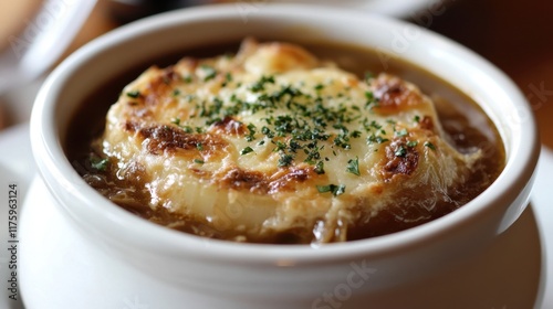 Savory french onion soup with melted cheese and herbs