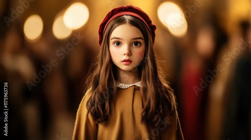 Young caucasian girl with long brown hair wearing red beret in warm autumn lighting National Jessica Day