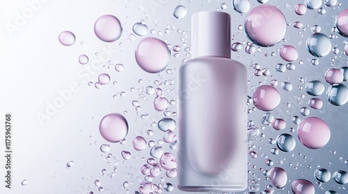 Matte frosted cosmetic bottle surrounded by water bubbles on a soft pastel background. freshness and skincare concept