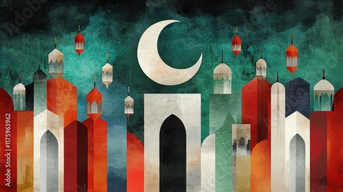 Crescent moon and lanterns against a vibrant, colorful abstract islamic architecture design for ramadan or eid celebration photo