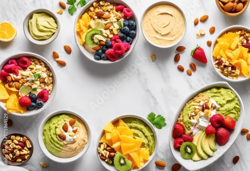 Wallpaper Mural colorful flat lay arrangement diverse snack bowls featuring dips bright surface, appetizers, snacks, treats, bites, chips, nuts, fruits, vibrant, design Torontodigital.ca