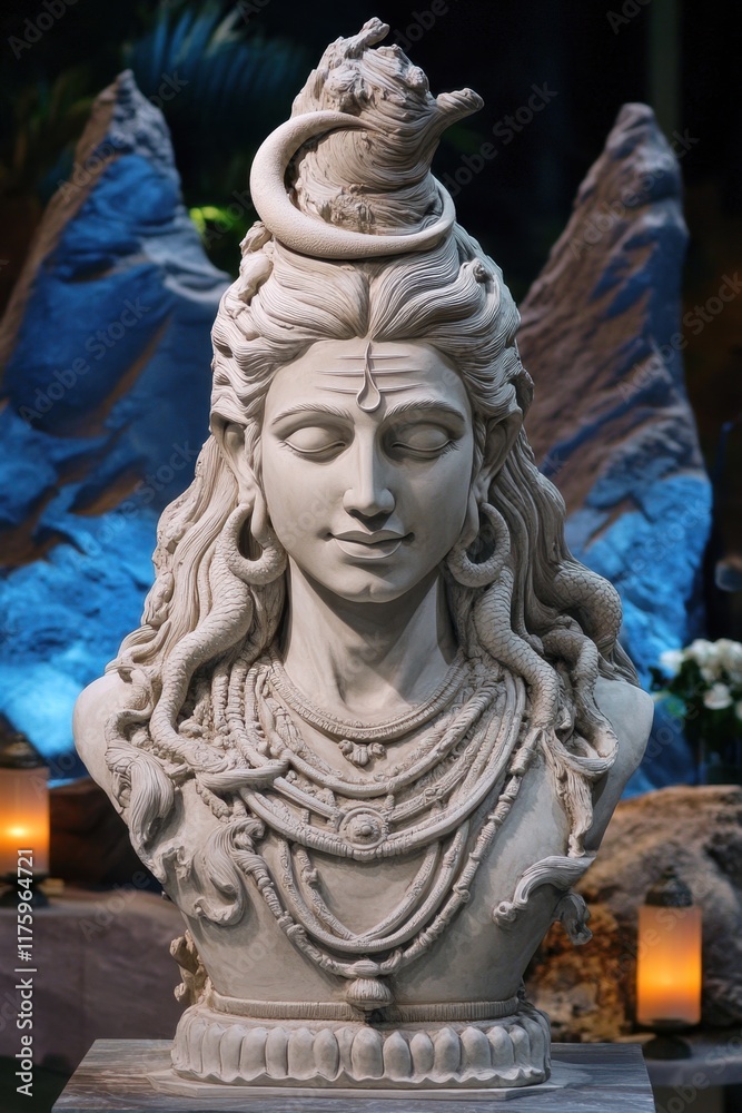 Maha Shivaratri Lord shiva bust sculpture with serene expression in spiritual setting Maha Shivaratri Lord shiva bust sculpture with serene expression in spiritual setting