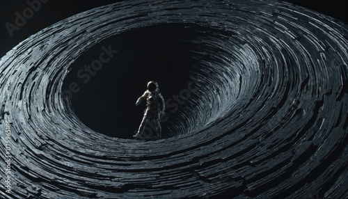 Astronaut exploring a swirling vortex on an alien landscape in a surreal setting