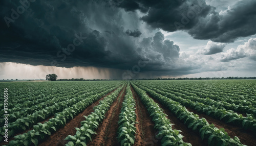 Dark storm clouds loom over green fields of crops before a heavy rainstorm approaches in rural farmland photo