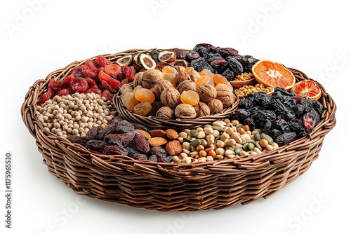 wicker basket with a range of nuts and dry fruits in it, Generative AI.