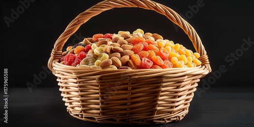 wicker basket with a range of nuts and dry fruits in it, Generative AI.