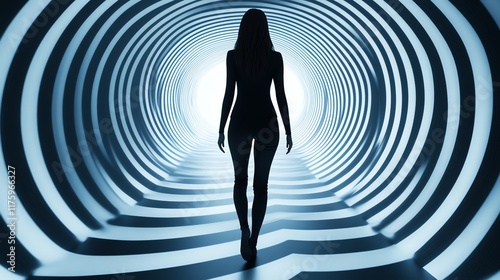 A woman in silhouette walks through a glowing, striped, tunnel-like structure, evoking themes of futurism, exploration, and technological advancement.