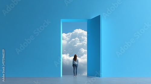 A woman stands in a minimalist blue room facing an open doorway leading to a sky filled with clouds, symbolizing opportunity, freedom, and imagination.