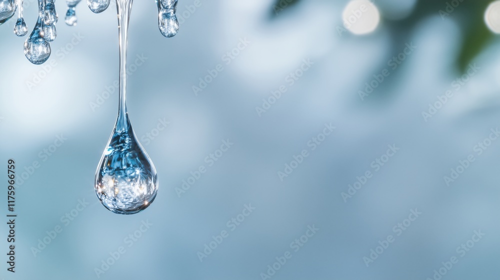 Close-up of water droplet suspended from leaf with soft blue background. nature and purity concept Close-up of water droplet suspended from leaf with soft blue background. nature and purity concept