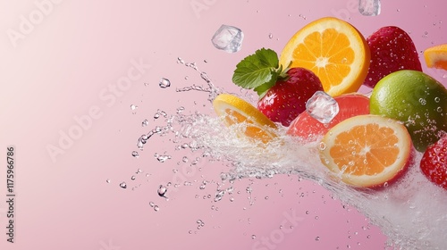 Fototapeta Naklejka Na Ścianę i Meble -  Fresh fruits splashing in water with ice cubes on pink background. healthy and refreshing concept