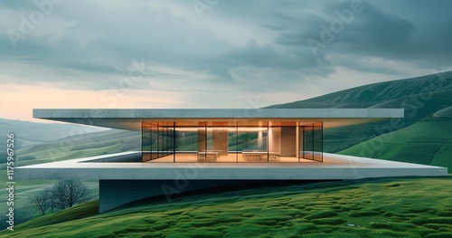 With a flat roof and a rectangular shape, this modern, minimalist café building is surrounded by verdant hills and a hazy sky, Generative AI.