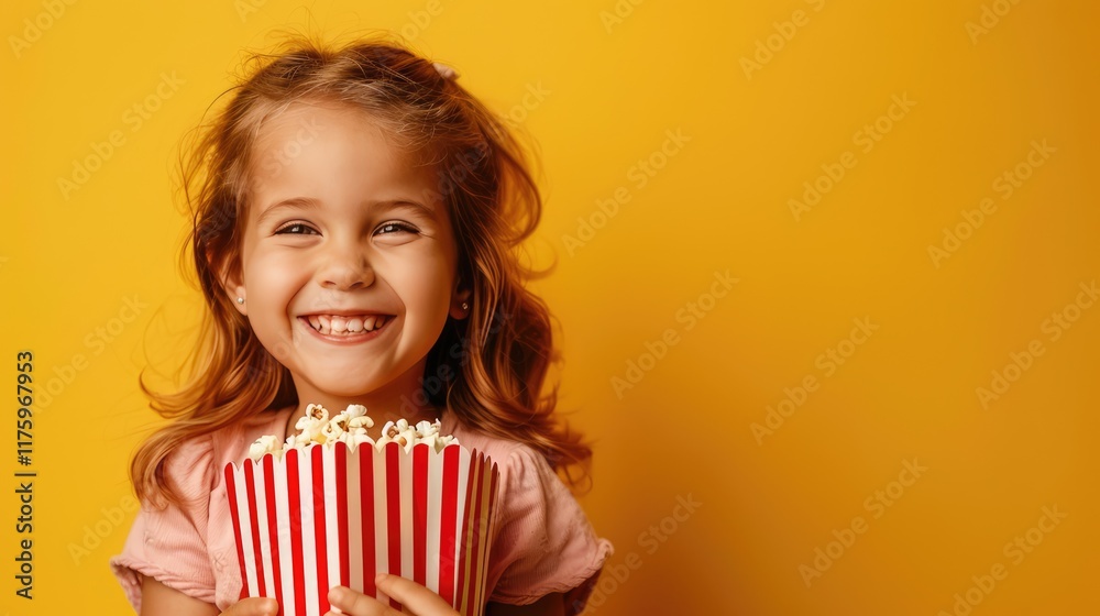 A cheerful little girl with popcorn in her hands, smiling brightly, on a bright yellow background, the concept of joy. A cheerful little girl with popcorn in her hands, smiling brightly, on a bright yellow background, the concept of joy.