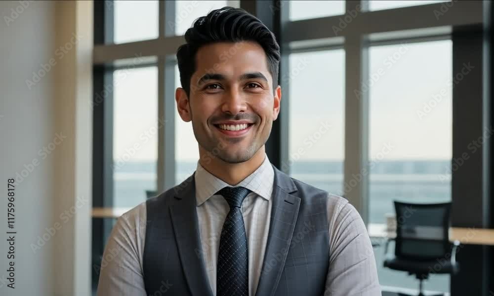 Confident Businessman Portrait: A Smiling Professional in Modern Office Setting Confident Businessman Portrait: A Smiling Professional in Modern Office Setting