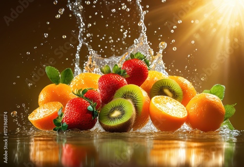 eye catching capture colorful fruits mid air create stunning visual display fresh natural delights, bananas, kiwis, strawberries, oranges, pineapples