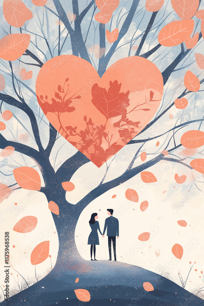 Romantic illustration of a couple holding hands under a tree with a large heart-shaped canopy in warm tones Romantic illustration of a couple holding hands under a tree with a large heart-shaped canopy in warm tones