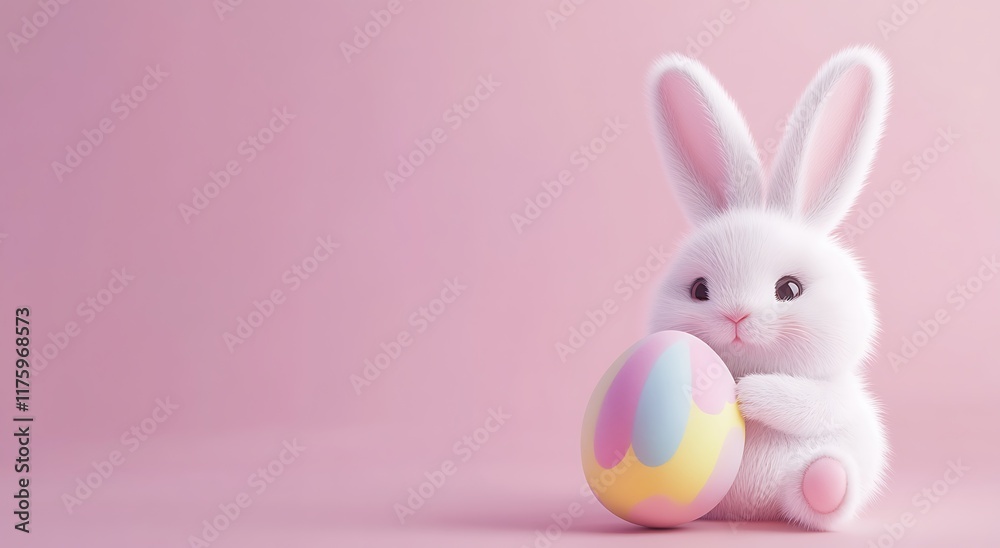 Fototapeta premium Cute Easter Bunny with Colorful Egg on Pink Background