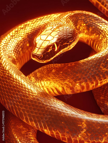 Año nuevo chino, año de la serpiente en China. Serpiente de oro sobre fondeo rojo photo