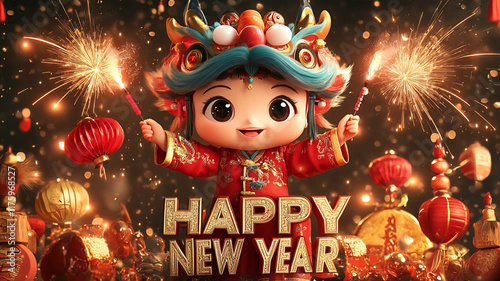 Año nuevo chino, año de la serpiente en China. Personaje cartoon con ropa tradicional en estampa celebrando el año nuevo photo