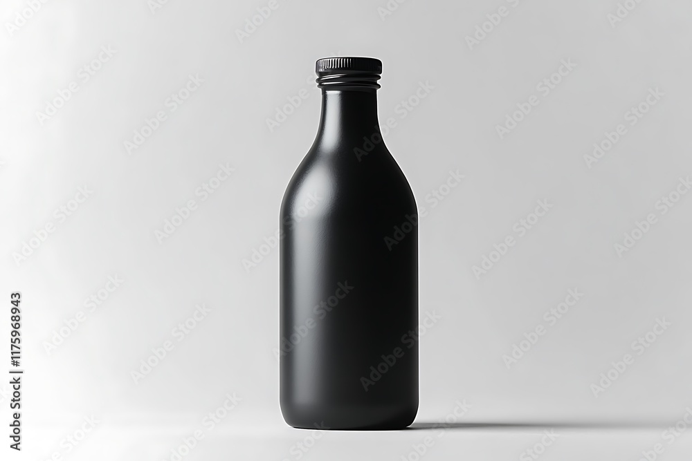 A single black bottle stands against a white background A single black bottle stands against a white background