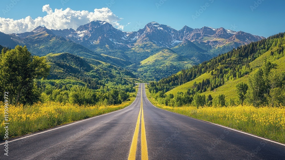 Naklejka premium A scenic road stretches through lush green hills and majestic mountains under a clear blue sky.