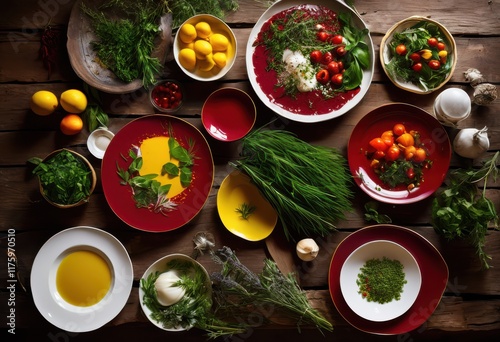 vibrantly colored plates poised fresh ingredients exuding vibrant mix hues textures captivating culinary display, colors, freshness, vegetables, fruits photo