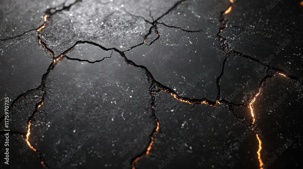 Obraz premium Glowing cracks in dark, textured surface.