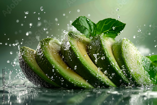 A bunch of sliced avocado with water splashing on it