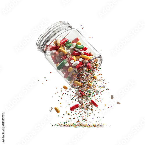 Colorful pills spilling from a glass bottle onto a clean transparent background, Pills spilling out of pill bottle on transparent background